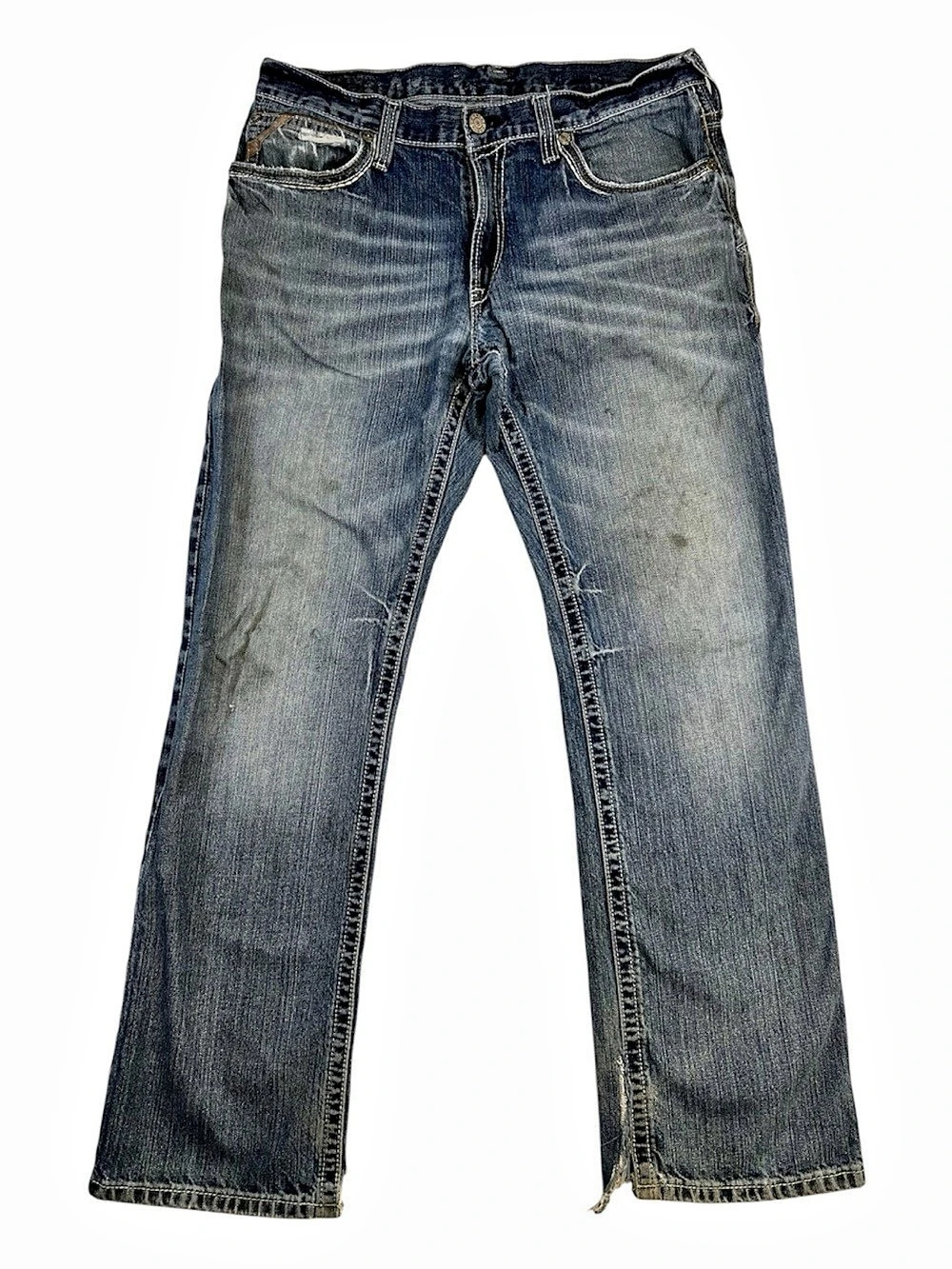 Ariat Men’s 34x34 Distressed Thrashed Western Cowboy Bootcut Jeans Faded Denim